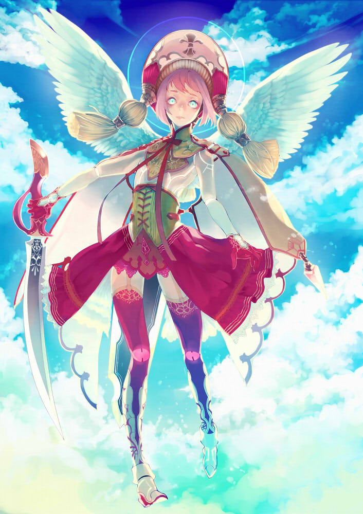 1girl android angel angel_wings blue_eyes blue_sky boots cape clouds fasna fleur-de-lis fleur-de-lis_print flying garter_straps gloves gradient_sky green_sky halo hat_tassel holding holding_sword holding_weapon looking_at_viewer original pink_hair pink_headwear red_gloves red_skirt red_thighhighs short_hair skirt sky solo staring sword tassel thigh-highs weapon white_cape wings yellow_corset