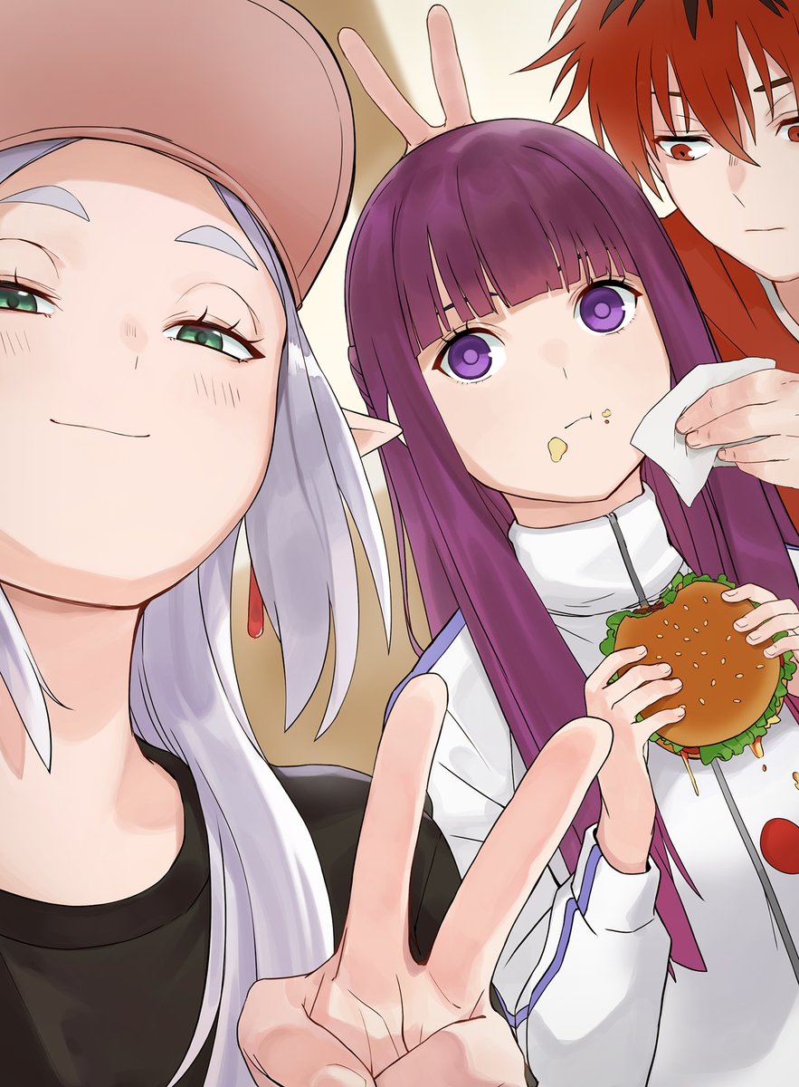 1boy 2girls baseball_cap black_shirt burger closed_mouth commentary contemporary earrings fern_(sousou_no_frieren) food food_on_face frieren green_eyes grey_hair hat highres holding holding_food jacket jewelry justnoita long_hair multiple_girls napkin outdoors pointy_ears purple_hair red_eyes redhead selfie shirt short_hair smile smug sousou_no_frieren stark_(sousou_no_frieren) track_jacket v_over_head very_long_hair violet_eyes white_jacket wiping_face