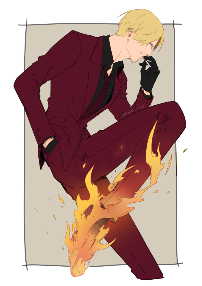 1boy black_gloves black_shirt blonde_hair blue_eyes cowboy_shot facial_hair fire gloves hand_in_pocket jacket leg_up looking_at_viewer male_focus mustache one_piece pants profile rami_rz rectangle red_jacket red_pants sanji_(one_piece) shirt short_hair solo suit thai_commentary