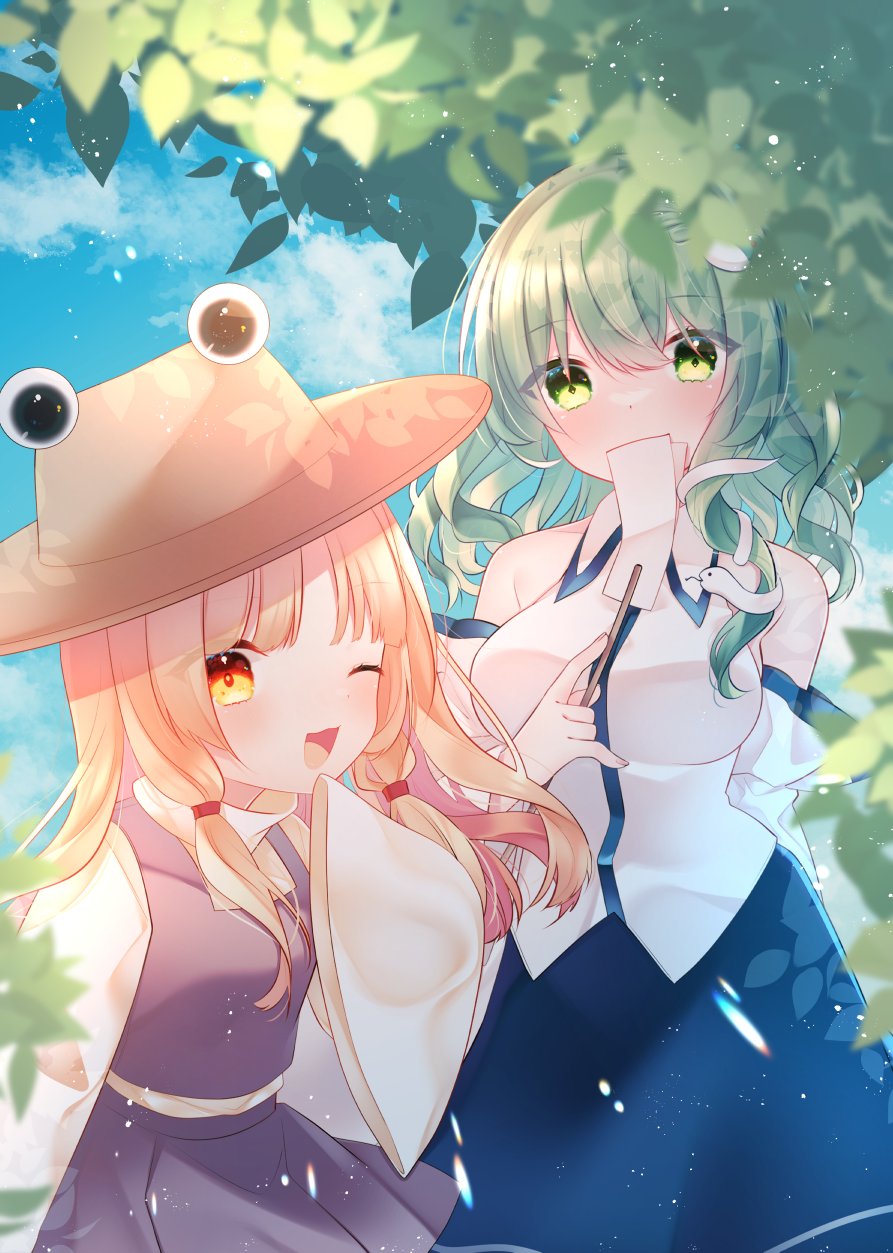 2girls arm_behind_back blonde_hair blue_skirt blue_sky breasts brown_headwear cacao_(cacaomgmg) clouds commentary day detached_sleeves frog_hair_ornament gohei green_eyes green_hair hair_ornament hat highres holding holding_gohei kochiya_sanae large_breasts leaf long_hair long_sleeves looking_at_viewer moriya_suwako multiple_girls one_eye_closed open_mouth purple_skirt purple_vest shirt skirt skirt_set sky sleeves_past_fingers sleeves_past_wrists smile snake_hair_ornament touhou tree vest white_shirt wide_sleeves