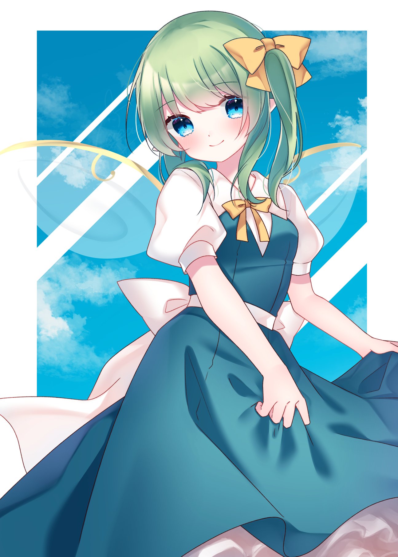 1girl blue_eyes blue_sky blush bow bowtie cacao_(cacaomgmg) clouds commentary daiyousei day fairy fairy_wings green_hair hair_bow highres long_hair looking_at_viewer one-hour_drawing_challenge puffy_short_sleeves puffy_sleeves short_sleeves side_ponytail skirt_hold sky smile solo touhou waist_bow white_bow wings yellow_bow yellow_bowtie
