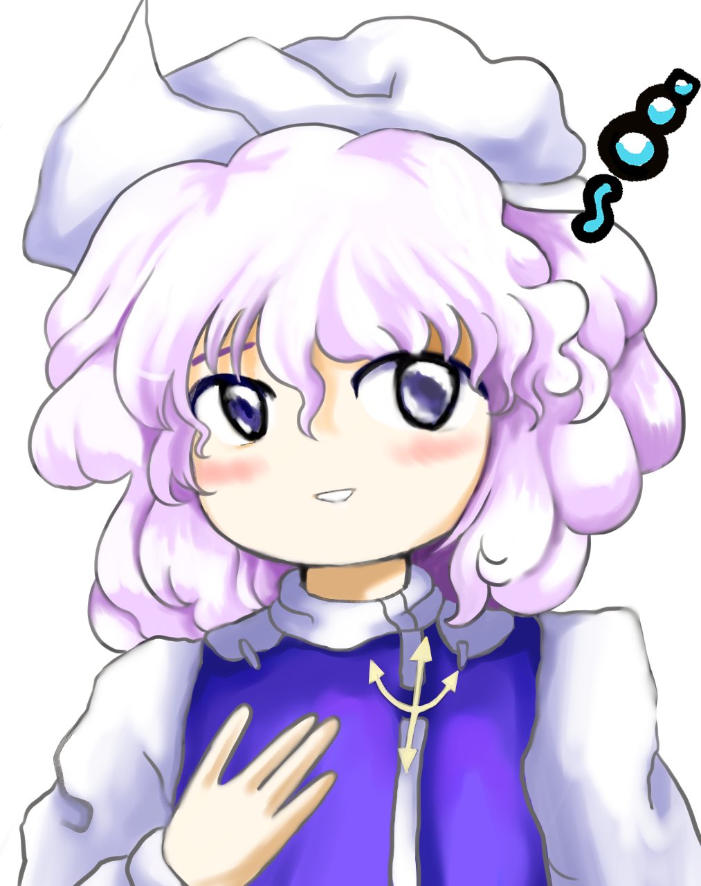 1girl blush hand_up hashtag_only_commentary highres letty_whiterock long_sleeves looking_at_viewer medium_hair parted_lips purple_hair purple_vest simple_background smile solo squeans touhou upper_body vest violet_eyes white_background white_headwear yakumora_n zun_(style)