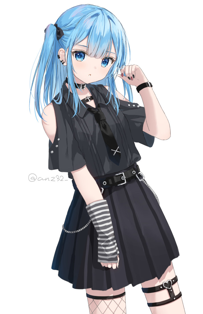 1girl :o anz32 bare_shoulders belt belt_buckle black_belt black_bow black_collar black_nails black_necktie black_shirt black_skirt blue_eyes blue_hair bow buckle clothing_cutout collar collared_shirt ear_piercing fishnet_thighhighs fishnets hair_between_eyes hair_bow hand_up long_hair looking_at_viewer multicolored_nails nail_polish necktie original parted_lips piercing pleated_skirt red_nails shirt shoulder_cutout simple_background single_thighhigh skirt solo striped_clothes thigh-highs twitter_username two_side_up white_background