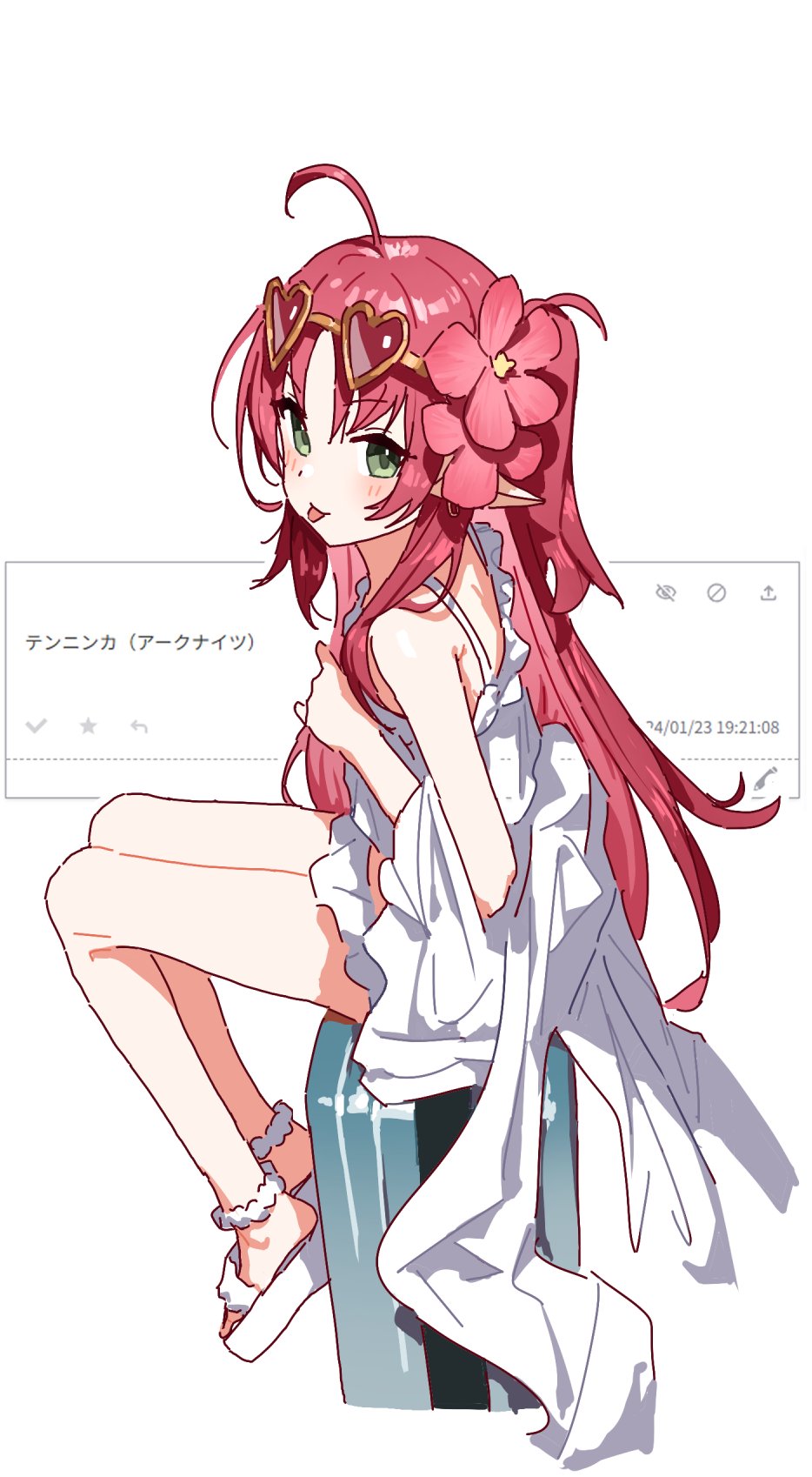 ahoge ankle_scrunchie arknights azmira1534815 bare_legs bare_shoulders eyewear_on_head flower from_side green_hair hair_flower hair_ornament heart heart-shaped_eyewear highres long_hair looking_at_viewer myrtle_(arknights) redhead sandals scrunchie shirt sitting sleeveless sleeveless_shirt suitcase sunglasses tongue tongue_out white_footwear white_shirt