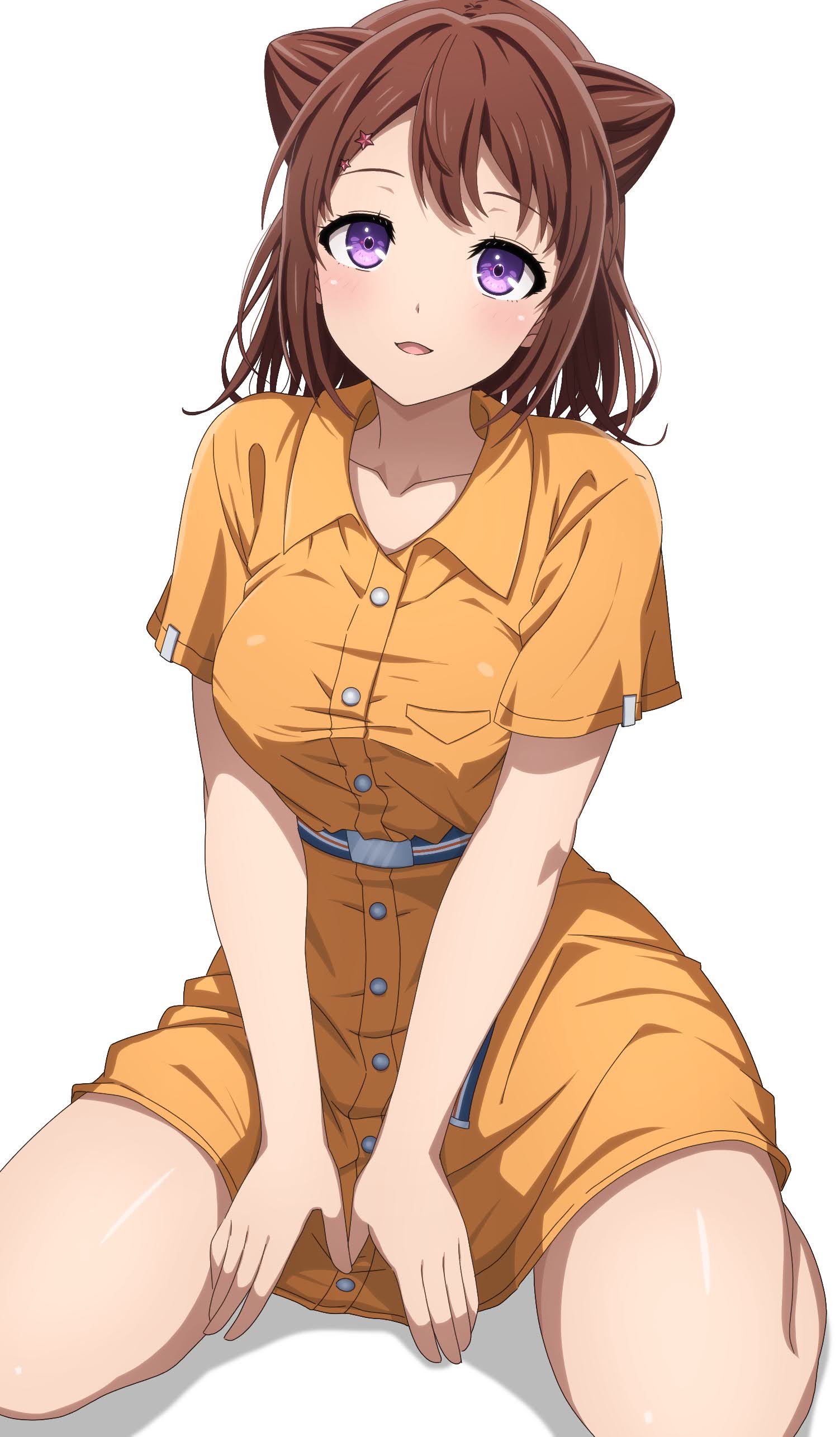 1girl absurdres bang_dream! belt belt_buckle blue_belt blush breast_pocket breasts brown_hair buckle buttons collarbone collared_dress commentary cone_hair_bun double_bun dress hair_bun hair_ornament highres knees_out_of_frame looking_at_viewer medium_breasts medium_hair noshimurin orange_dress parted_lips pocket simple_background sitting smile solo star_(symbol) star_hair_ornament striped_belt toyama_kasumi v_arms violet_eyes wariza white_background