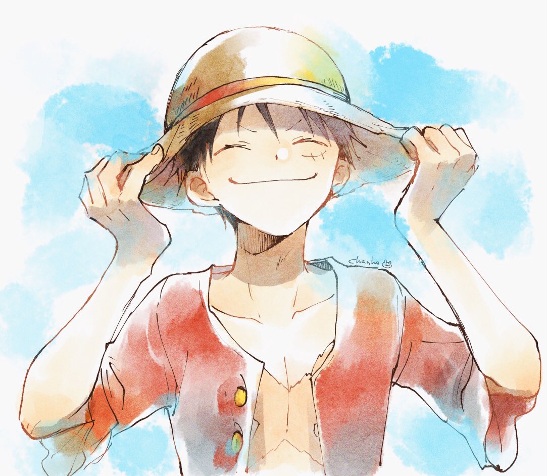 1boy black_hair blue_sky buttons closed_eyes commentary hand_on_headwear hat male_focus monkey_d._luffy nekochanko1 one_piece open_clothes open_shirt red_shirt scar scar_on_face shirt short_hair sky smile solo straw_hat symbol-only_commentary upper_body