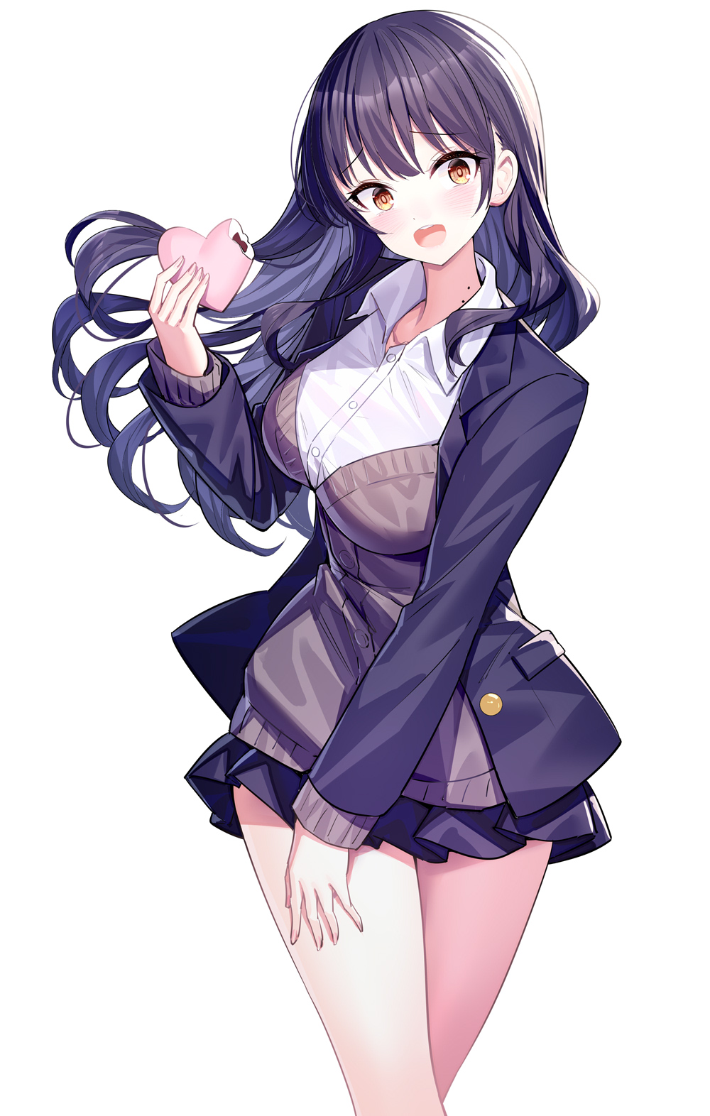 1girl :d black_hair black_jacket black_skirt blazer blush boku_no_kokoro_no_yabai_yatsu breasts brown_cardigan brown_eyes cardigan collared_shirt commentary_request dress_shirt floating_hair hand_up heart highres holding jacket looking_at_viewer medium_breasts open_clothes open_jacket pleated_skirt ririko_(zhuoyandesailaer) shirt simple_background skirt smile solo teeth upper_teeth_only white_background white_shirt yamada_anna