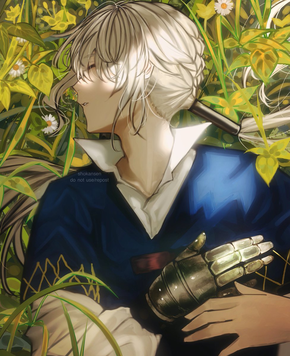1boy bedivere_(fate) bishounen closed_eyes fate/grand_order fate_(series) flower from_above gauntlets grass grey_hair hair_between_eyes highres long_hair lying male_focus on_back ponytail profile shokansenn sleeping solo sunlight thick_eyebrows upper_body white_flower