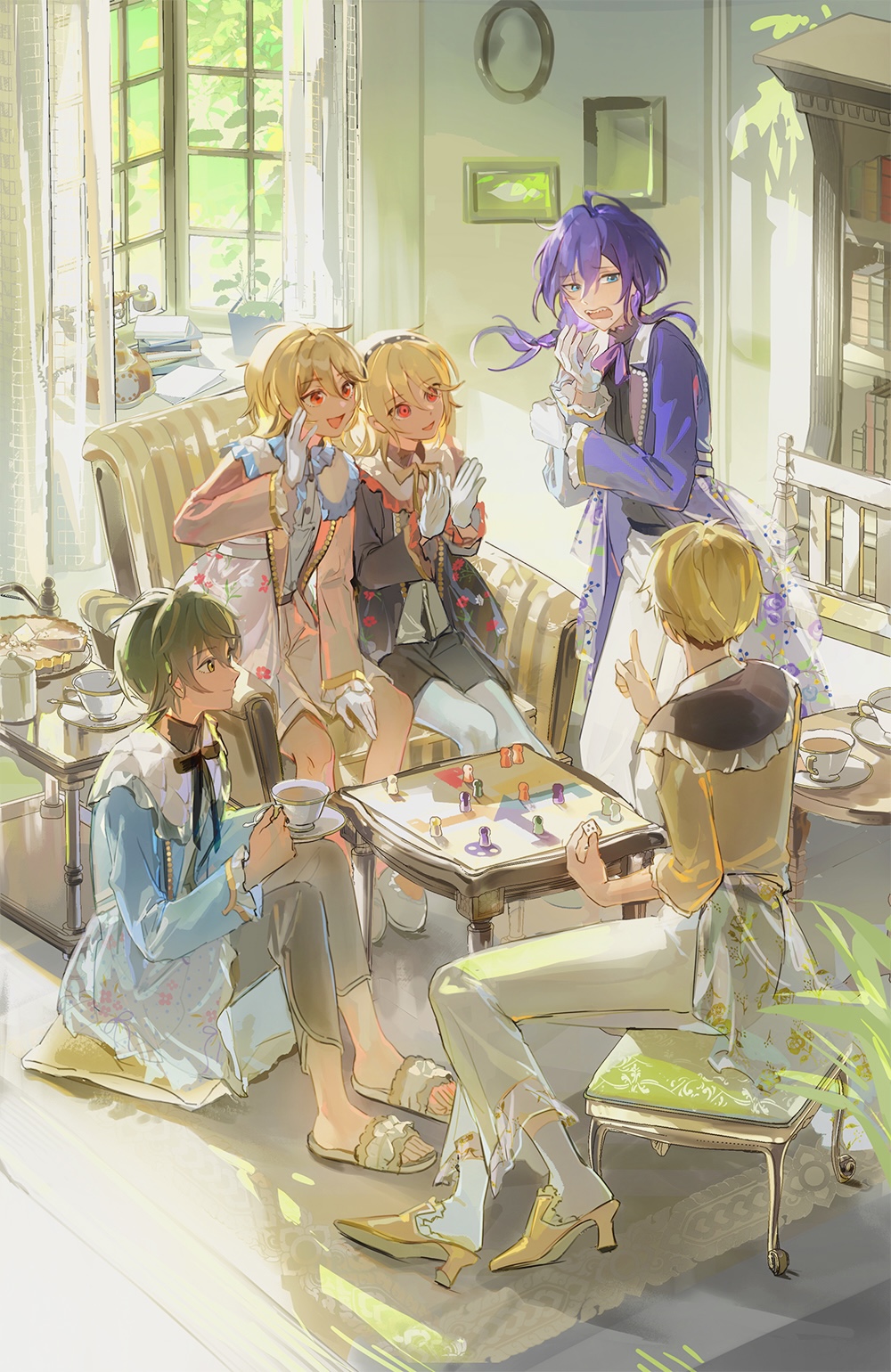 5boys ahoge ankle_socks anna_(avona) armchair ayase_mayoi belt belt_buckle black_belt black_bow black_bowtie black_collar black_hairband black_jacket black_shorts black_undershirt blonde_hair blue_dress blue_eyes blue_shirt blue_sleeves board_game book book_stack bow bowtie buckle carpet chair character_request clapping clothes_around_waist coattails collar collared_dress collared_jacket collared_shirt commentary_request cup cushion day dress english_commentary ensemble_stars! floral_print frilled_shirt_collar frilled_sleeves frills from_behind full_body gloves green_hair grey_pants grey_shirt hairband hand_on_own_cheek hand_on_own_face high_heels highres holding holding_cup holding_dice holding_own_arm holding_saucer indoors jacket jacket_around_waist kagehira_mika knees knees_up living_room long_hair long_sleeves male_focus mixed-language_commentary multiple_boys narukami_arashi nito_nazuna on_chair open_clothes open_jacket open_mouth pants pantyhose picture_frame pink_eyes pink_jacket plant playing_games pointing pointing_up potted_plant purple_hair purple_jacket purple_sleeves sandals saucer shirt shoes short_hair shorts sitting socks studded_hairband table tea teacup teeth toes turtleneck upper_teeth_only wavy_mouth white_collar white_footwear white_gloves white_jacket white_pants white_pantyhose white_shirt white_shorts white_socks window yellow_footwear yellow_shirt zabuton