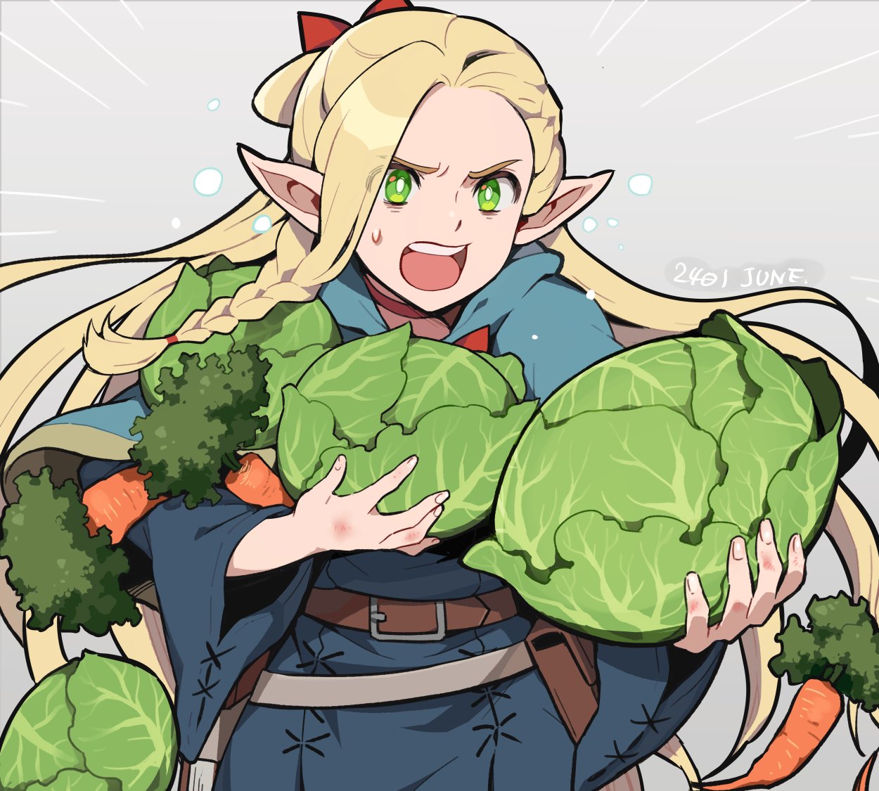 1girl belt_pouch blonde_hair blue_capelet blue_robe braid cabbage capelet carrot cowboy_shot dropping dungeon_meshi elf floating_hair food french_braid furrowed_brow giving green_eyes grey_hair hair_around_ear half_updo hands_up holding holding_food holding_staff holding_vegetable hood hood_down hooded_capelet long_hair long_sleeves looking_ahead marcille_donato open_mouth outstretched_arm parted_bangs pointy_ears pouch robe serious side_braid solo sprout staff vegetable very_long_hair wooni