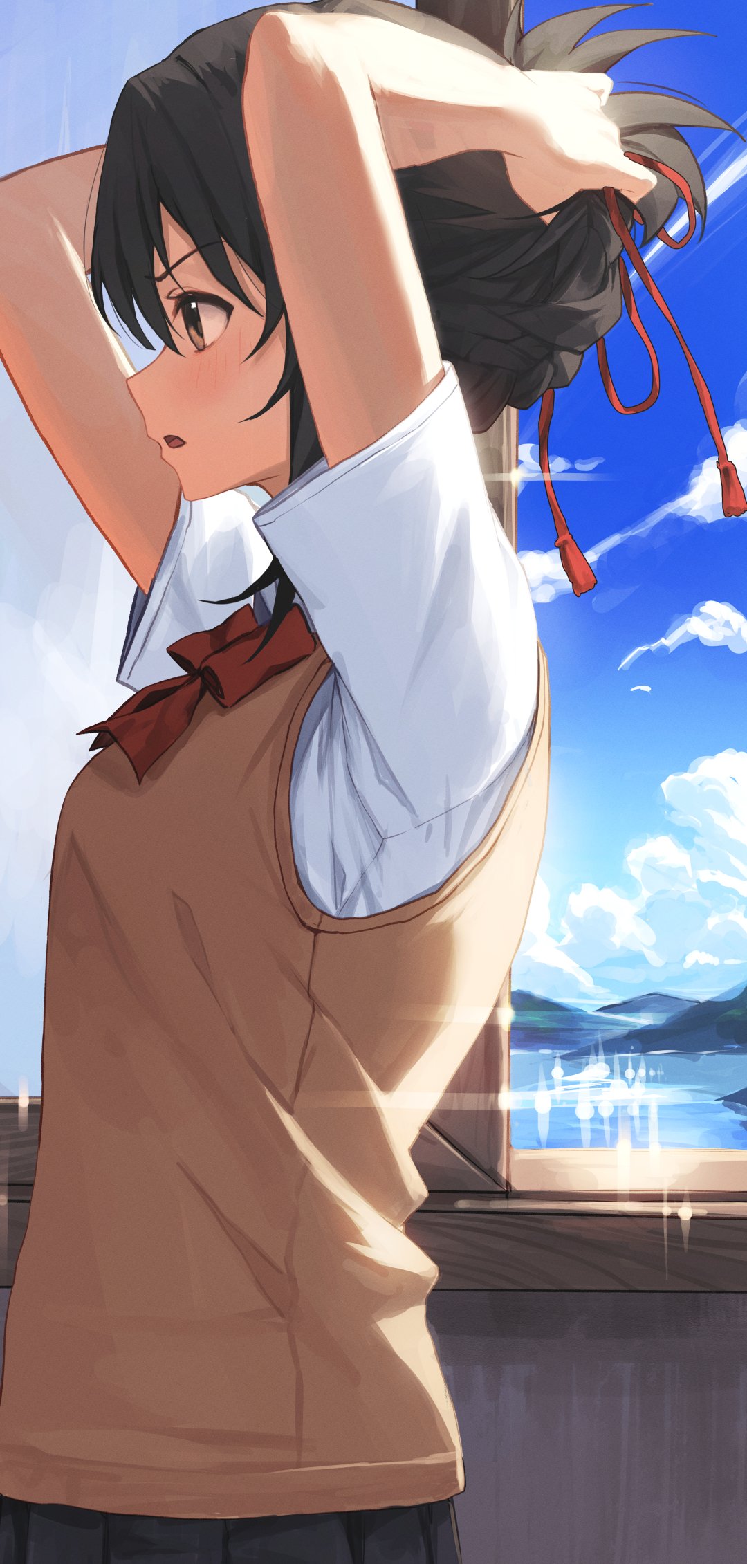 1girl arms_up black_hair black_skirt blue_sky blush bow bowtie breasts brown_eyes brown_sweater_vest clouds commentary_request day from_side gnns hair_ribbon highres indoors kimi_no_na_wa. miyamizu_mitsuha mountain open_mouth red_bow red_bowtie ribbon school_uniform shirt short_sleeves skirt sky solo summer_uniform sweater_vest white_shirt window