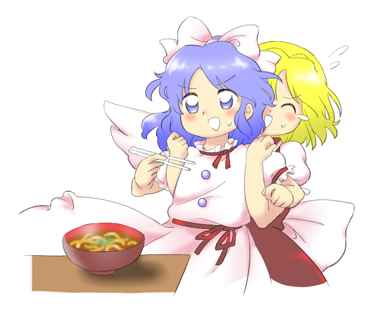 2girls :d ^_^ back_bow blonde_hair blue_eyes blue_hair bow bowl brown_dress brown_ribbon chopsticks closed_eyes dress flat_chest flying_sweatdrops hair_bow holding holding_chopsticks light_blue_hair locked_arms mai_(touhou) multiple_girls nonamejd official_style parted_bangs puffy_short_sleeves puffy_sleeves ribbon short_hair short_sleeves simple_background smile tears touhou touhou_(pc-98) udon v-shaped_eyebrows white_background white_bow white_dress white_wings wings yuki_(touhou) zun_(style)