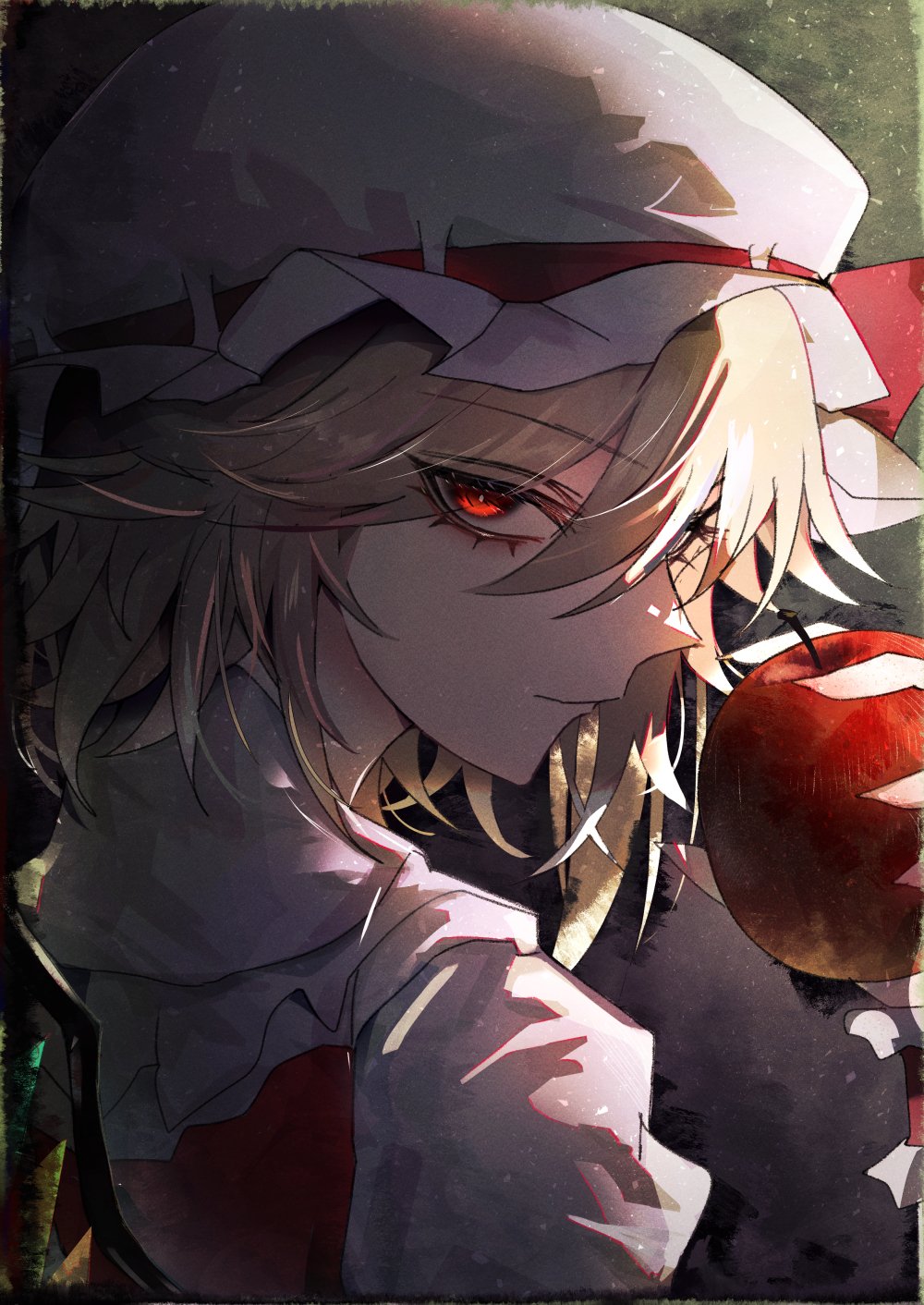 1girl 33_gaff apple black_eyeliner blonde_hair bow crystal expressionless eyelashes eyeliner flandre_scarlet food fruit hair_between_eyes hat hat_bow hat_ribbon highres holding holding_food holding_fruit looking_at_viewer looking_back makeup mob_cap one_side_up puffy_short_sleeves puffy_sleeves red_bow red_eyes red_ribbon red_vest ribbon short_hair short_sleeves side_ponytail solo swept_bangs touhou vest white_headwear wings