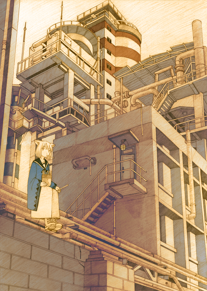 1girl animal_ears boots building city cityscape clouds eating industrial_pipe machine outdoors pandahaim ruins scenery short_hair sky solo stairs steampunk steampunk_(liarsoft) tower traditional_media white_hair