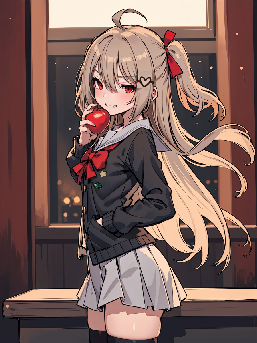 ai-generated black_socks bow bowtie evil_neuro-sama food fruit hair_ornament heart heart_hair_ornament highres holding holding_food holding_fruit indie_virtual_youtuber red_bow red_bowtie red_eyes sailor_collar socks twintails virtual_youtuber
