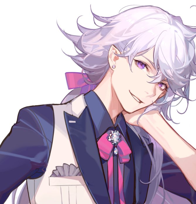 1boy ask_(askzy) bishounen blue_jacket blue_shirt blue_sleeves bow bowtie chest_jewel chinese_commentary coattails collared_jacket collared_shirt commentary_request earrings eyelashes fate/grand_order fate_(series) hair_between_eyes hair_bow hand_on_own_cheek hand_on_own_face handkerchief head_tilt jacket jewelry long_hair long_sleeves looking_at_viewer low_ponytail male_focus merlin_(fate) messy_hair parted_lips pink_bow pink_bowtie pocket pointy_ears purple_hair shirt simple_background sleeves_past_elbows smile solo stud_earrings teeth thick_eyebrows upper_body vest violet_eyes white_background white_vest