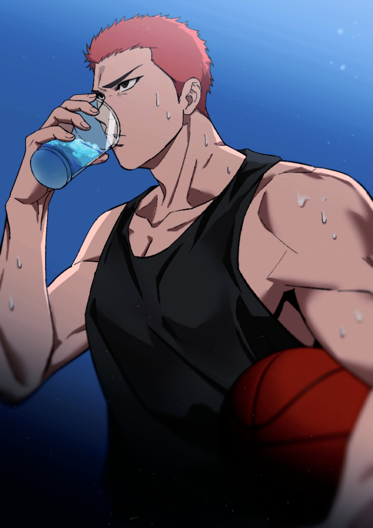 1boy ball basketball_(object) black_tank_top cup drinking highres holding holding_ball holding_cup large_pectorals male_focus mew_shepherd muscular muscular_male outdoors pectorals redhead sakuragi_hanamichi short_hair slam_dunk_(series) solo tank_top water