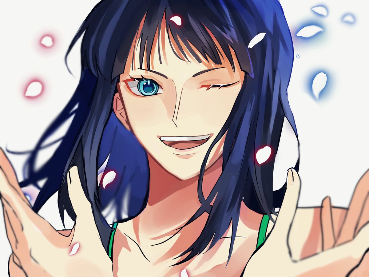 1girl bad_id bad_twitter_id blue_eyes blue_hair blunt_bangs camisole close-up commentary crossed_arms floating_hair looking_at_viewer medium_hair nico_robin one_eye_closed one_piece op_1156 petals simple_background smile solo white_background