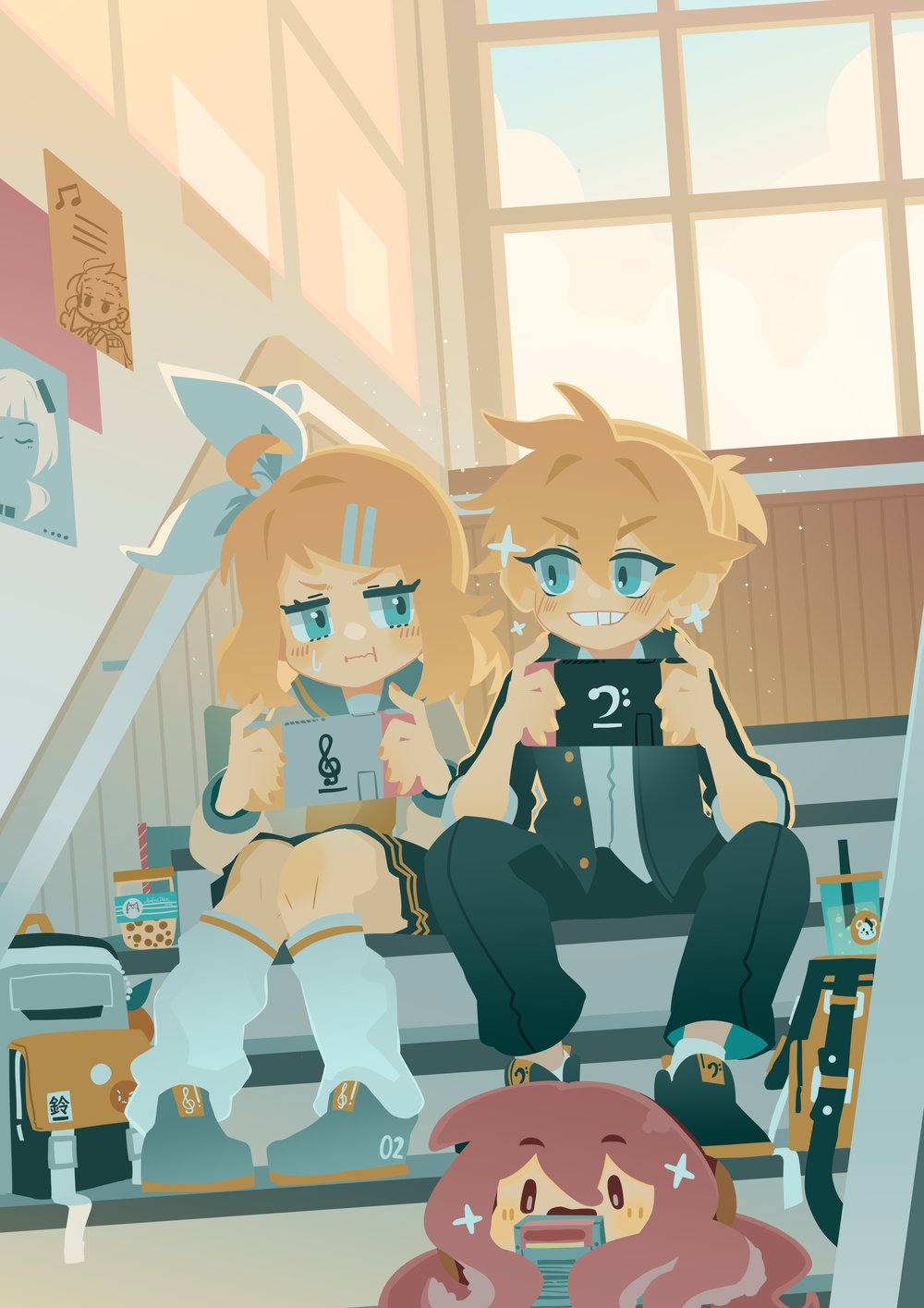 1boy 1girl :i ahoge annoyed aqua_eyes backpack bag bass_clef black_footwear black_pants blonde_hair blue_sky blush bow brother_and_sister bubble_tea clouds collared_shirt eye_contact gakuran game_boy grey_bag grey_footwear grey_sailor_collar grin hair_bow hair_ornament hairclip handheld_game_console highres holding holding_handheld_game_console jacket jitome kagamine_len kagamine_rin leg_warmers long_eyelashes long_sleeves looking_at_another loose_leg_warmer medium_hair megurine_luka neckerchief nintendo_switch no_lineart open_clothes open_jacket pants pigeon-toed pink_hair pleated_skirt poster_(object) projecttiger sailor_collar school school_uniform serafuku shirt shoes short_ponytail siblings sideways_glance sitting sitting_on_stairs skirt sky sleeves_rolled_up smile sneakers soda sparkle stairs sweatdrop swept_bangs takoluka tentacle_hair treble_clef tsurime twins unamused unbuttoned_jacket v-shaped_eyebrows vocaloid wavy_mouth white_bow white_leg_warmers white_shirt window yellow_bag yellow_nails yellow_neckerchief