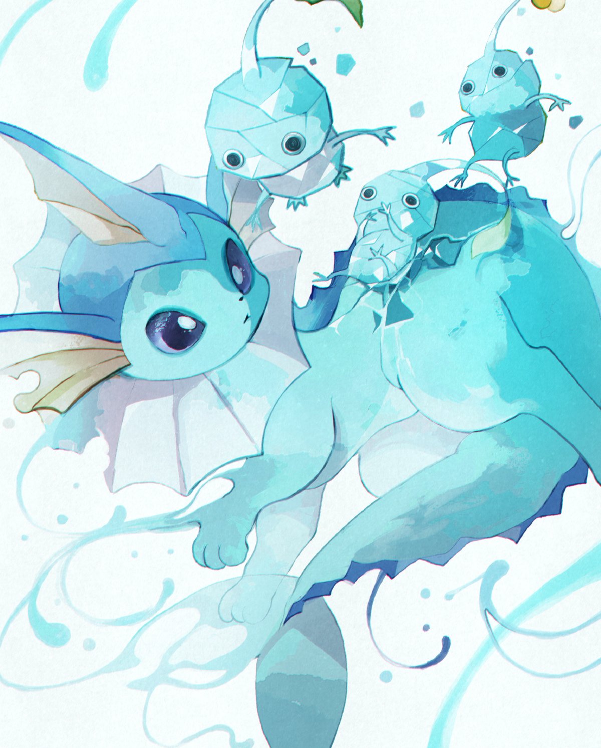 :3 animal_focus blue_eyes blue_sclera blue_skin cetacean_tail closed_mouth colored_sclera colored_skin commentary crossover fins fish_tail forked_tail head_fins highres ice_pikmin li04r no_humans pikmin_(creature) pikmin_(series) pokemon pokemon_(creature) simple_background symbol-only_commentary tail vaporeon