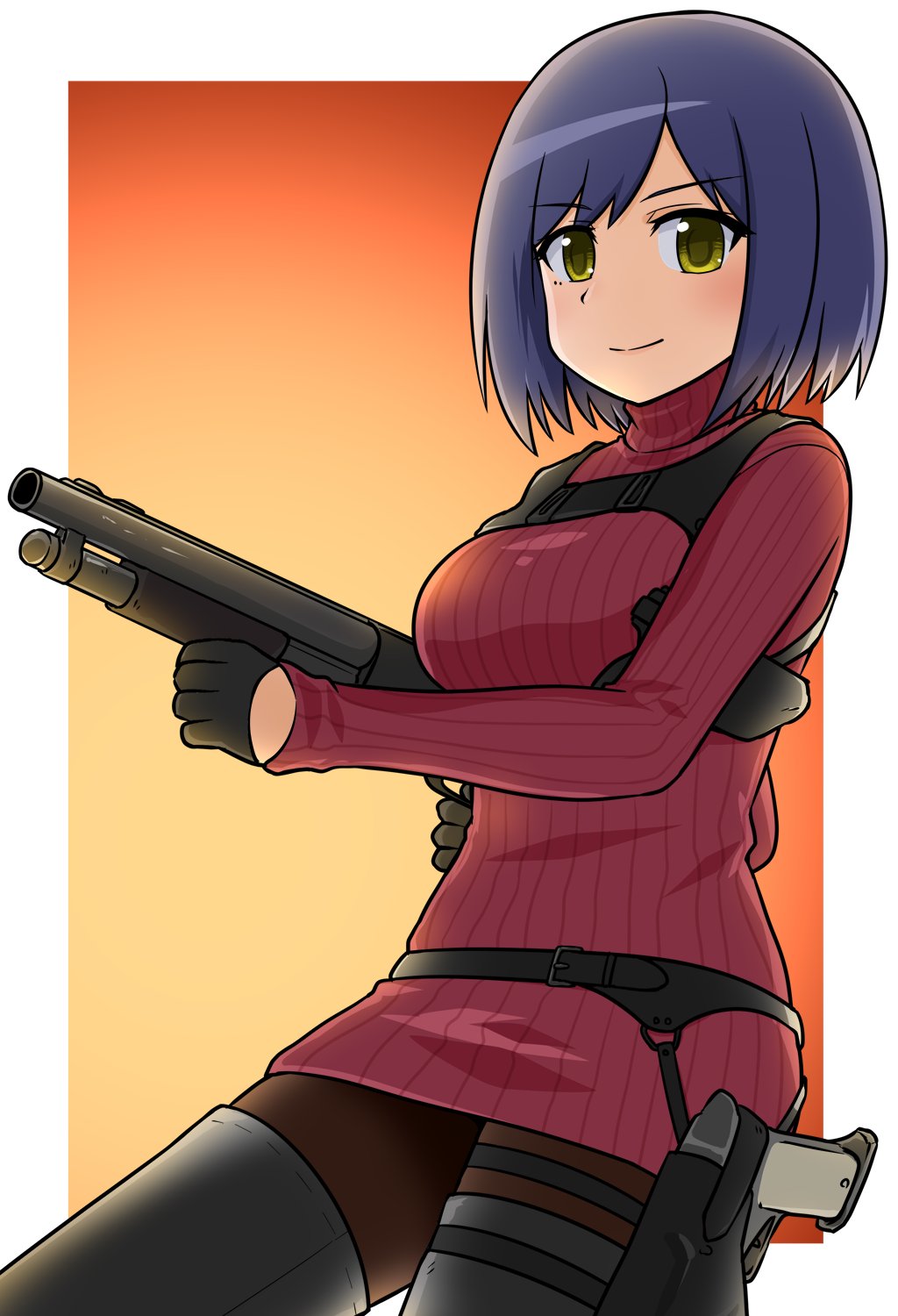 1girl ada_wong ada_wong_(cosplay) black_footwear black_gloves black_pantyhose blue_hair boots cosplay gloves goriate gun highres holding holding_gun holding_weapon nijisanji pantyhose red_sweater resident_evil resident_evil_4 resident_evil_4_(remake) ribbed_sweater shizuka_rin short_hair smile solo sweater swept_bangs thigh_boots virtual_youtuber weapon yellow_eyes