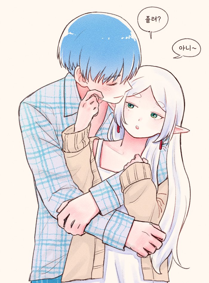 1boy 1girl blue_hair brown_cardigan cardigan closed_eyes commentary_request contemporary dress earrings frieren green_eyes height_difference hetero himmel_(sousou_no_frieren) jewelry korean_commentary korean_text plaid plaid_shirt pointy_ears shirt sleeves_past_wrists sousou_no_frieren thick_eyebrows translation_request white_dress white_hair yumyumppang