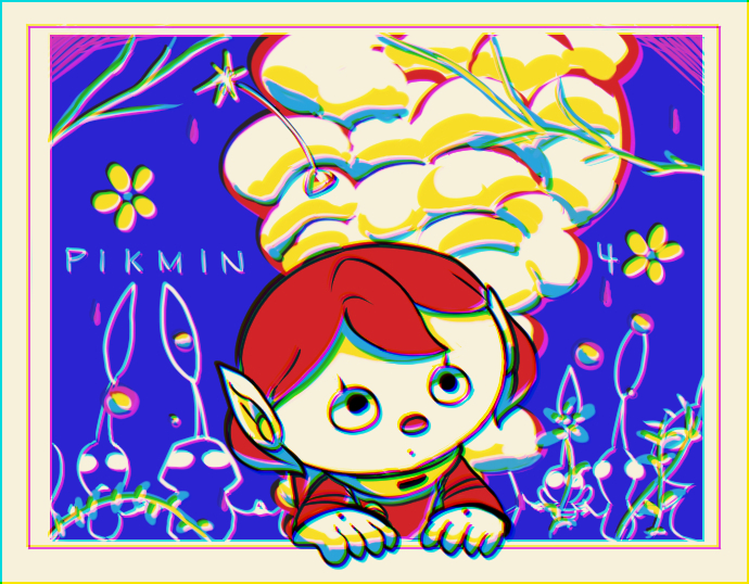 1girl :o black_eyes blue_background blue_pikmin border buttons commentary_request copyright_name eyelashes flower gloves holding_hands ice_pikmin jumpsuit leaf looking_at_viewer no_headwear parted_lips pikmin_(creature) pikmin_(series) pikmin_4 plant plump pointy_ears purple_pikmin radio_antenna rain red_jumpsuit redhead rescue_officer_(pikmin) short_hair smoke solid_circle_eyes spacesuit triangle_mouth upper_body usuba_(hatomugip) very_short_hair vines white_border white_gloves white_pikmin winged_pikmin yellow_flower
