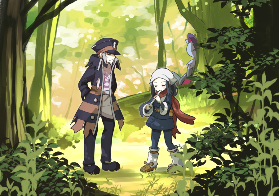 against_tree akari_(pokemon) arms_behind_back black_footwear black_pants blue_pants closed_eyes closed_mouth commentary eyelashes flute full_body grey_hair hat ingo_(pokemon) instrument jacket leg_warmers mixed-language_commentary mizuiro123 open_clothes open_jacket outdoors pants plant playing_flute pokemon pokemon_(creature) pokemon_legends:_arceus print_shirt red_scarf sandals scarf shirt shoes sneasler standing torn_clothes torn_jacket tree white_headwear white_shirt