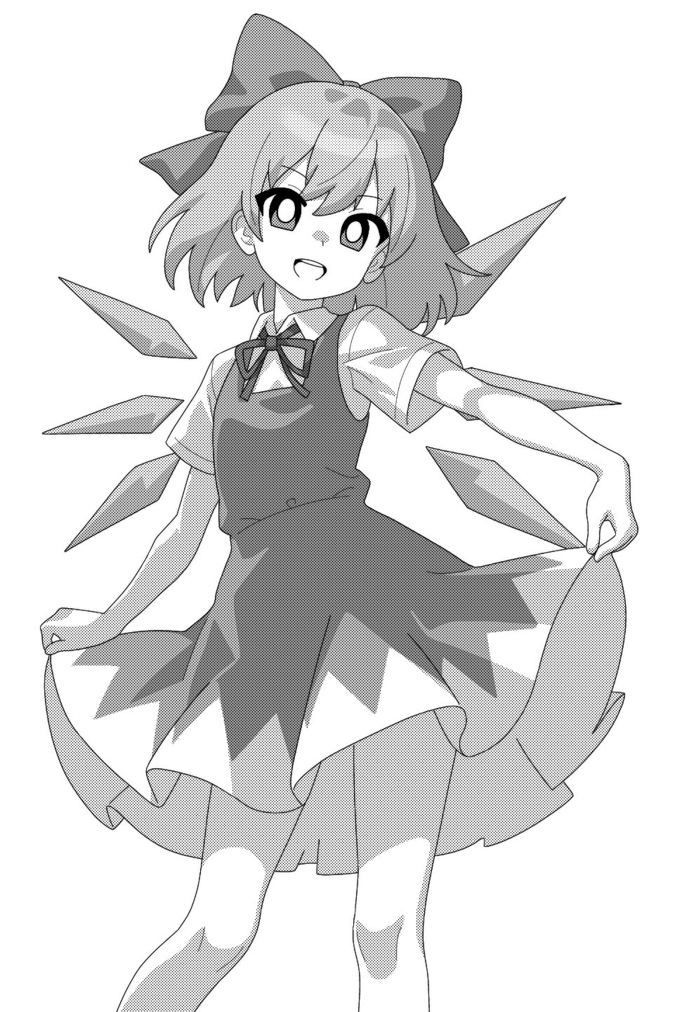 1girl bow cirno clothes_lift cowboy_shot dress dress_lift hair_bow highres ice ice_wings lifted_by_self monochrome neck_ribbon onkn_sxkn open_mouth pinafore_dress ribbon shirt short_hair sleeveless sleeveless_dress smile solo touhou white_background wings