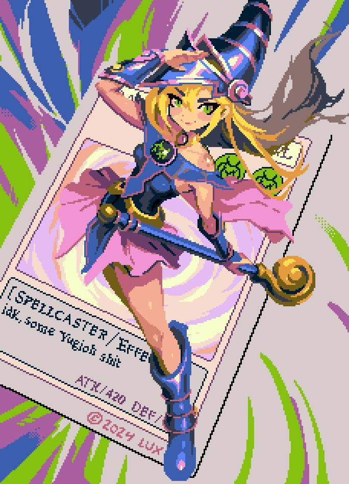 1girl bare_shoulders blonde_hair blue_footwear blue_headwear boots card dark_magician_girl duel_monster english_text green_eyes hat holding holding_wand long_hair multicolored_background pixel_art smile solo thisislux wand wizard_hat yu-gi-oh!