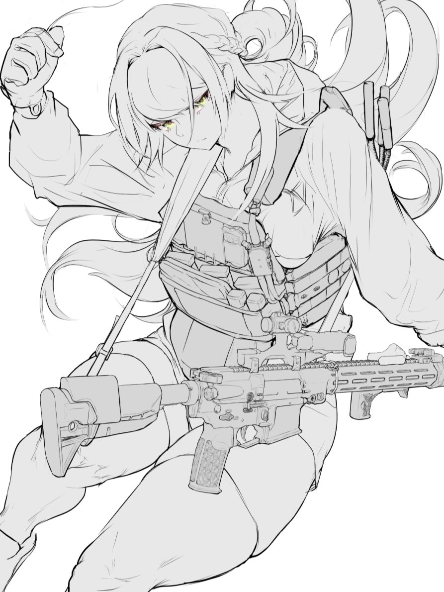 1girl armor assault_rifle bulletproof_vest gloves greyscale gun monochrome original rifle simple_background solo thigh-highs utsucan weapon white_background