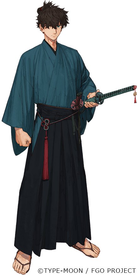 1boy black_hakama blue_kimono brown_hair clenched_hand closed_mouth copyright_notice fate/samurai_remnant fate_(series) full_body hair_over_one_eye hakama hakama_skirt hand_on_weapon japanese_clothes katana kimono long_sleeves looking_at_viewer male_focus miyamoto_iori_(fate) official_art one_eye_covered sandals sheath sheathed short_hair simple_background skirt solo sword tachi-e tassel very_short_hair wataru_rei weapon white_background wide_sleeves