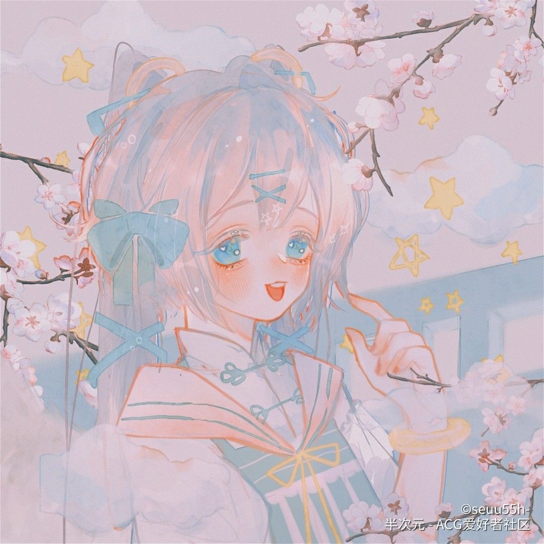 1girl blue_bow blue_eyes blue_hair blue_ribbon blue_vest bow bowtie cherry_blossoms chinese_clothes clouds collared_shirt copyright_notice eyelashes fingernails flower hair_bow hair_ornament hair_ribbon hairclip high_collar light_blush long_hair looking_at_viewer open_mouth orange_nails orange_sailor_collar original outdoors pointing pointing_at_self puffy_short_sleeves puffy_sleeves railing ribbon sailor_collar seuu55h- shirt short_sleeves smile solo source_request star_(symbol) straight_hair teeth third-party_source twintails upper_body upper_teeth_only vest white_flower white_shirt white_sleeves x_hair_ornament yellow_bow yellow_bowtie