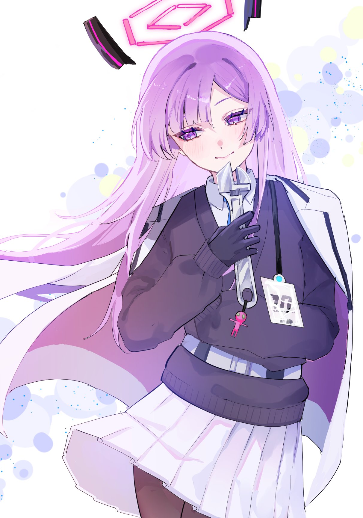 1girl belt black_gloves black_sweater blue_archive blush charm_(object) collared_shirt floating_headgear gloves halo headgear highres holding holding_wrench id_card instant_loss long_hair long_sleeves pantyhose pleated_skirt purple_hair shirt simple_background skirt solo sweater utaha_(blue_archive) very_long_hair violet_eyes white_skirt wrench yuzumochi4871
