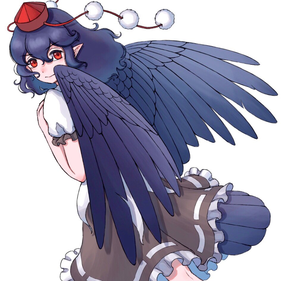 1girl bird_tail bird_wings black_hair black_skirt black_wings channel_ikihaji closed_mouth commentary_request feathered_wings frilled_skirt frilled_sleeves frills happy hat medium_hair pointy_ears pom_pom_(clothes) puffy_short_sleeves puffy_sleeves red_eyes red_headwear ribbon-trimmed_skirt ribbon_trim shameimaru_aya shirt short_sleeves simple_background skirt smile solo tail tokin_hat touhou white_background white_shirt wings