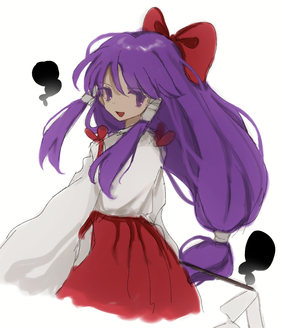 1girl bow chinese_commentary commentary_request cowboy_shot detached_sleeves gohei hair_bow hair_tubes hakama hakama_skirt hakurei_reimu hakurei_reimu_(pc-98) holding holding_gohei japanese_clothes long_hair long_sleeves needless_(toyaco) no_sclera open_mouth purple_hair red_bow red_shirt shirt sidelocks simple_background skirt sleeveless sleeveless_shirt smile solo touhou touhou_(pc-98) violet_eyes white_background white_shirt white_sleeves