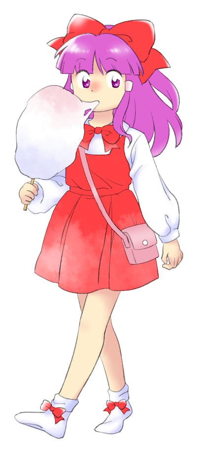 1girl bag bobby_socks bow bow_legwear bowtie collared_shirt cotton_candy dress eating flat_chest food full_body hair_bow hair_tubes hakurei_reimu hakurei_reimu_(pc-98) handbag holding holding_food long_hair long_sleeves nonamejd official_style pinafore_dress pink_bag puffy_long_sleeves puffy_sleeves purple_hair raised_eyebrows red_bow red_bowtie red_dress shirt simple_background sleeveless sleeveless_dress socks solo touhou touhou_(pc-98) violet_eyes walking white_background white_shirt white_socks zun_(style)
