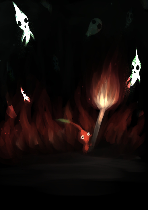 black_background black_eyes colored_skin commentary_request dark_background fire ghost holding_matchstick leaf no_humans no_mouth oversized_object pikmin_(creature) pikmin_(series) pointy_nose red_pikmin red_skin solo usuba_(hatomugip)