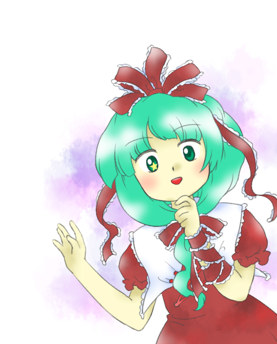 1girl :d aqua_eyes aqua_hair arm_ribbon bow dress frilled_ribbon frills front_ponytail hair_bow hands_up kagiyama_hina long_hair looking_at_viewer nonamejd official_style open_mouth puffy_short_sleeves puffy_sleeves red_bow red_dress red_ribbon ribbon short_sleeves smile solo star_(symbol) star_in_eye symbol_in_eye teeth touhou upper_teeth_only zun_(style)