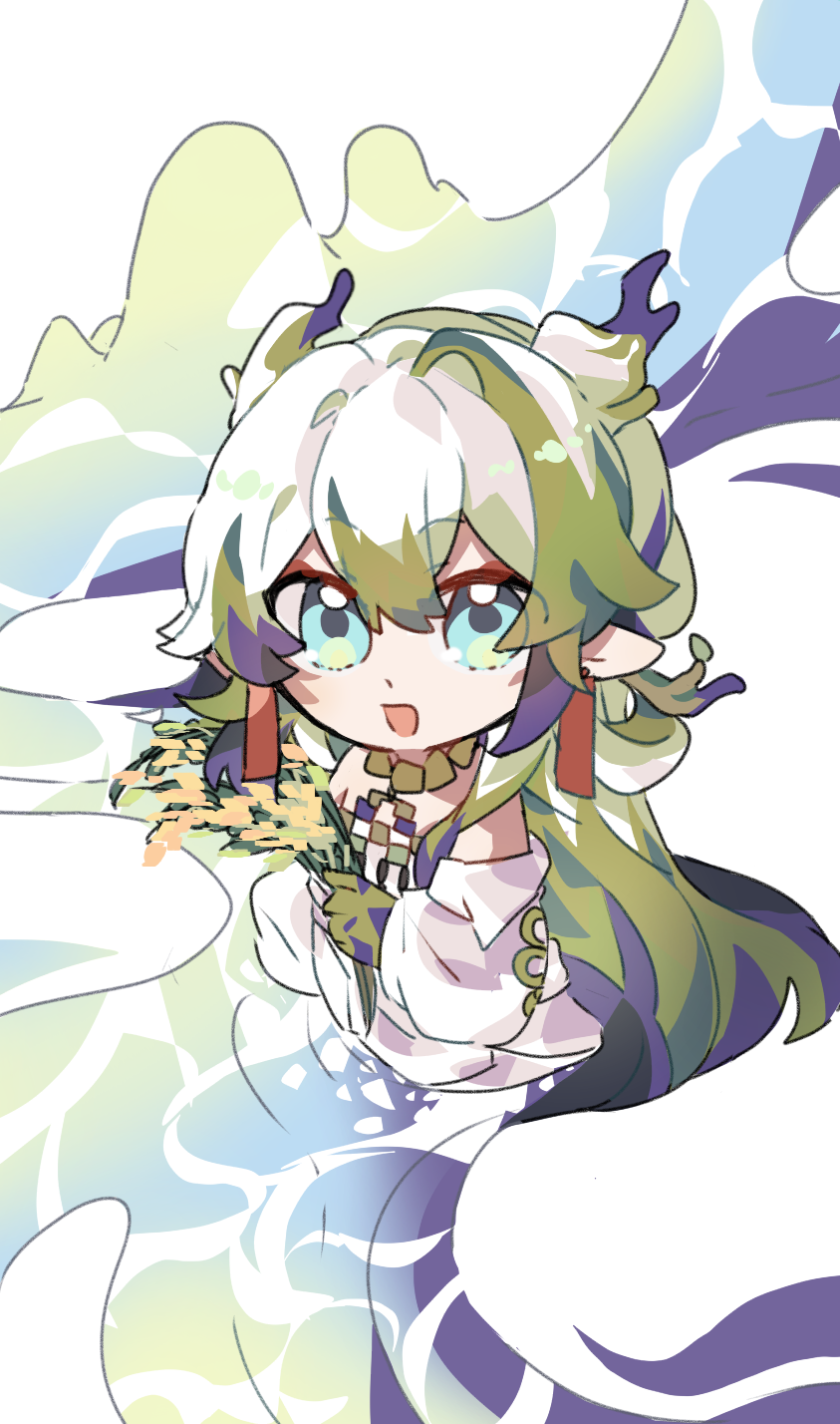 1girl arknights bare_shoulders blue_eyes blue_hair choker colored_skin colored_tips dragon_girl dragon_horns earrings green_hair hair_between_eyes highres holding holding_wheat horns jacket jewelry long_hair long_sleeves looking_at_viewer multicolored_hair off_shoulder open_mouth partially_submerged pointy_ears shirt shu_(arknights) smile solo strapless strapless_shirt tassel tassel_earrings white_jacket white_shirt yucha-zhou