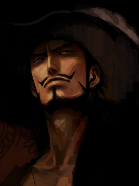 1boy beard black_background black_hair closed_mouth commentary_request dracule_mihawk facial_hair hat hat_feather male_focus matsubaki mustache one_piece short_hair sideburns simple_background solo