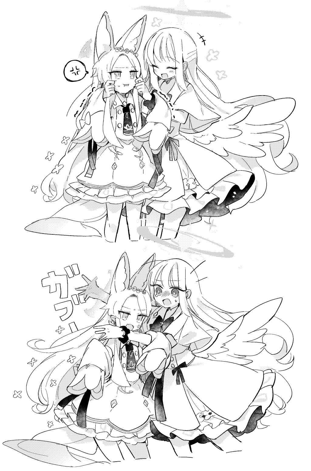 2girls angel_wings anger_vein animal_ear_fluff animal_ears biting blue_archive blush capelet cardigan cheek_pinching cruciform_halo crying crying_with_eyes_open dress feathered_wings flower_wreath forehead fox_ears greyscale halo highres long_hair low_wings mika_(blue_archive) monochrome multiple_girls pinching scrunchie seia_(blue_archive) skirt sleeve_bow sleeves_past_fingers sleeves_past_wrists spoken_anger_vein tea_party_(blue_archive) tears very_long_hair white_cardigan white_dress wings wrist_scrunchie yun_(dust-i1)