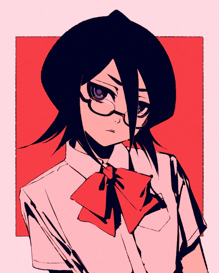 1girl bespectacled black_hair bleach blue_eyes border bow bowtie breast_pocket breasts close-up collared_shirt commentary dress_shirt glasses hair_over_one_eye high_contrast kuchiki_rukia long_bangs looking_at_viewer looking_over_eyewear moshimoshibe outside_border pocket portrait red-framed_eyewear red_background red_bow red_bowtie ringed_eyes romaji_commentary school_uniform semi-rimless_eyewear shirt short_hair short_sleeves small_breasts thick_eyebrows under-rim_eyewear v-shaped_eyebrows white_border white_shirt