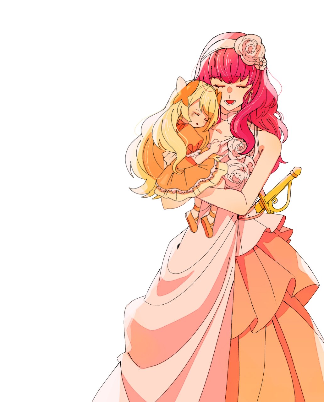 2girls :o aged_down blonde_hair carrying carrying_person celica_(fire_emblem) celine_(fire_emblem) closed_eyes commentary_request dress e8coofn0klibdx1 fire_emblem fire_emblem_echoes:_shadows_of_valentia fire_emblem_engage hair_ornament hairband highres long_hair multiple_girls open_mouth orange_dress pink_hairband puffy_short_sleeves puffy_sleeves redhead short_sleeves simple_background sleeveless sleeveless_dress smile sword two-tone_dress weapon white_background white_dress