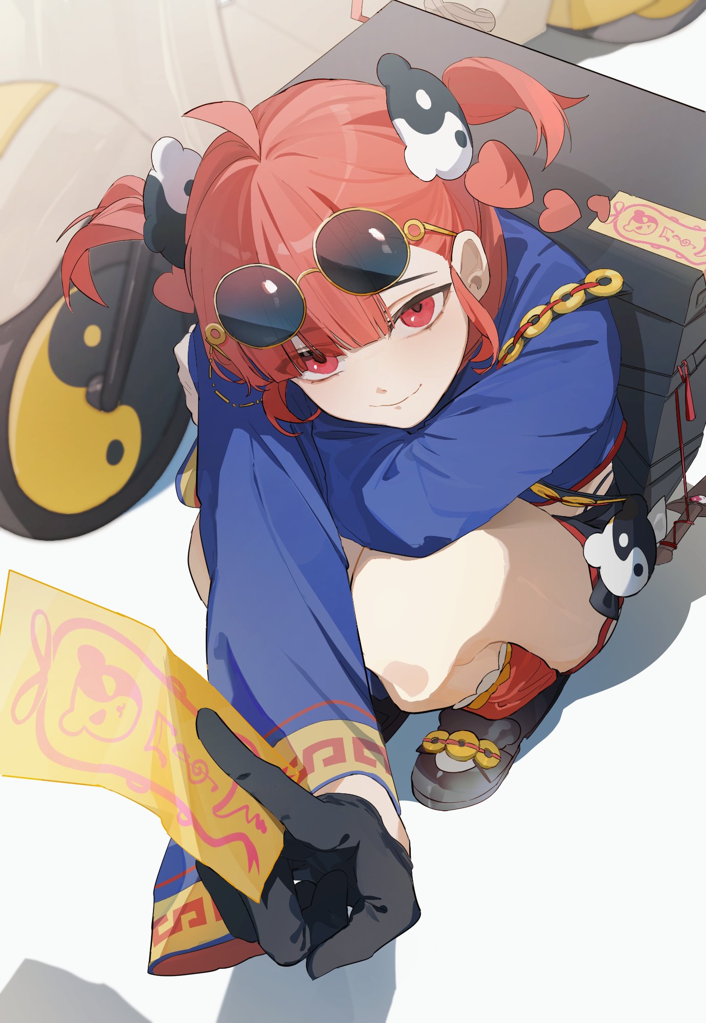 1girl black_footwear black_gloves buro_(muse_dash) chinese_clothes cjsdh1000 closed_mouth eyewear_on_head gloves hair_ornament highres long_sleeves looking_at_viewer muse_dash red_eyes redhead round_eyewear shoes short_hair solo squatting twintails yin_yang