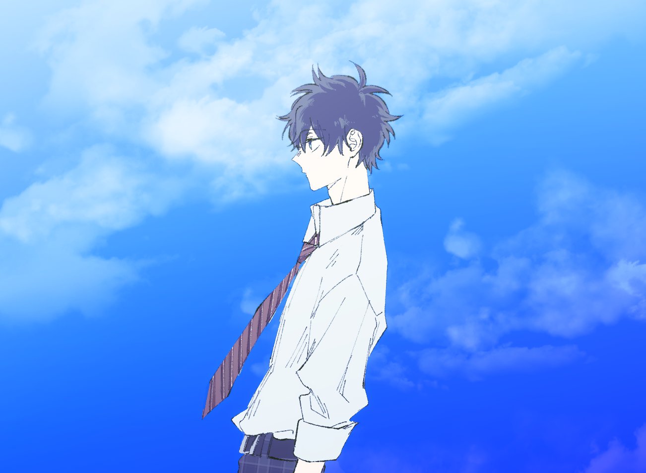 1boy alternate_costume belt black_hair blue_eyes blue_sky checkered_pants closed_mouth clouds collared_shirt facing_to_the_side fate/grand_order fate_(series) from_side male_focus necktie shirt sky solo striped_necktie urup_zzz white_shirt