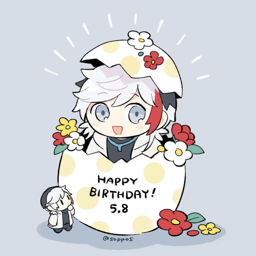 1boy arknights black_hair black_pants black_shirt blue_eyes chibi chibi_inset commentary_request dated egg eggshell_hat elysium_(arknights) emphasis_lines feather_hair flower grey_background happy_birthday hatching jacket looking_at_viewer male_focus multicolored_hair open_mouth pants red_flower redhead shadow shirt signature smile soppos white_flower white_hair white_jacket yellow_flower
