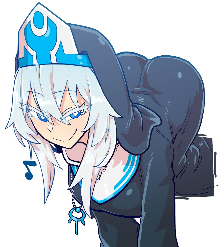 1girl all_fours ass bad_source black_robe blue_eyes breasts closed_mouth hanging_breasts long_hair musical_note neck nose nun original robe smile tenk traditional_nun white_background white_hair