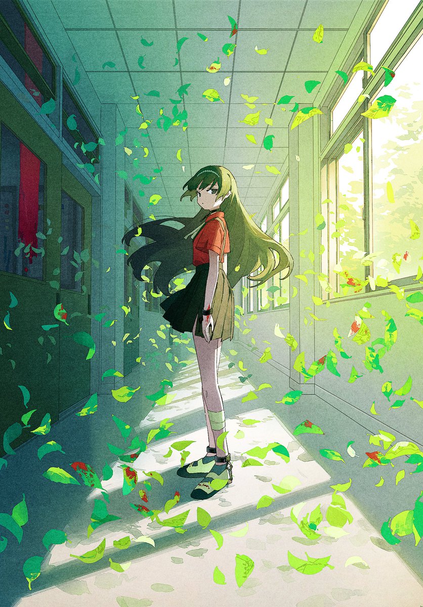 1girl bandaged_leg bandages bracelet brown_hair brown_skirt character_request closed_mouth copyright_request cover day door dot_mouth expressionless falling_leaves full_body hairband hallway highres jewelry leaf long_hair looking_at_viewer official_art pleated_skirt potg_(piotegu) red_shirt school shirt shoes short_sleeves skirt solo standing sunlight tree white_hairband wind window