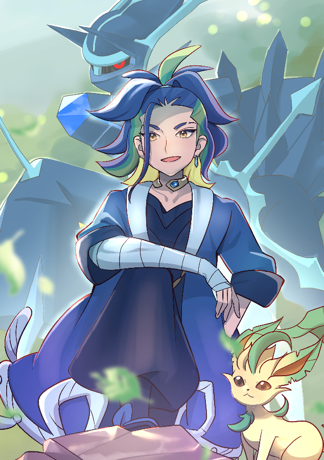 1boy adaman_(pokemon) bandaged_arm bandages blue_hair blurry blurry_background blurry_foreground brown_eyes collarbone commentary_request dialga dialga_(origin) drop_earrings earrings eyebrow_cut green_hair jewelry leaf leafeon looking_at_viewer male_focus mizuiro123 multicolored_hair neck_ring open_mouth pokemon pokemon_(creature) pokemon_legends:_arceus red_eyes two-tone_hair yellow_eyes